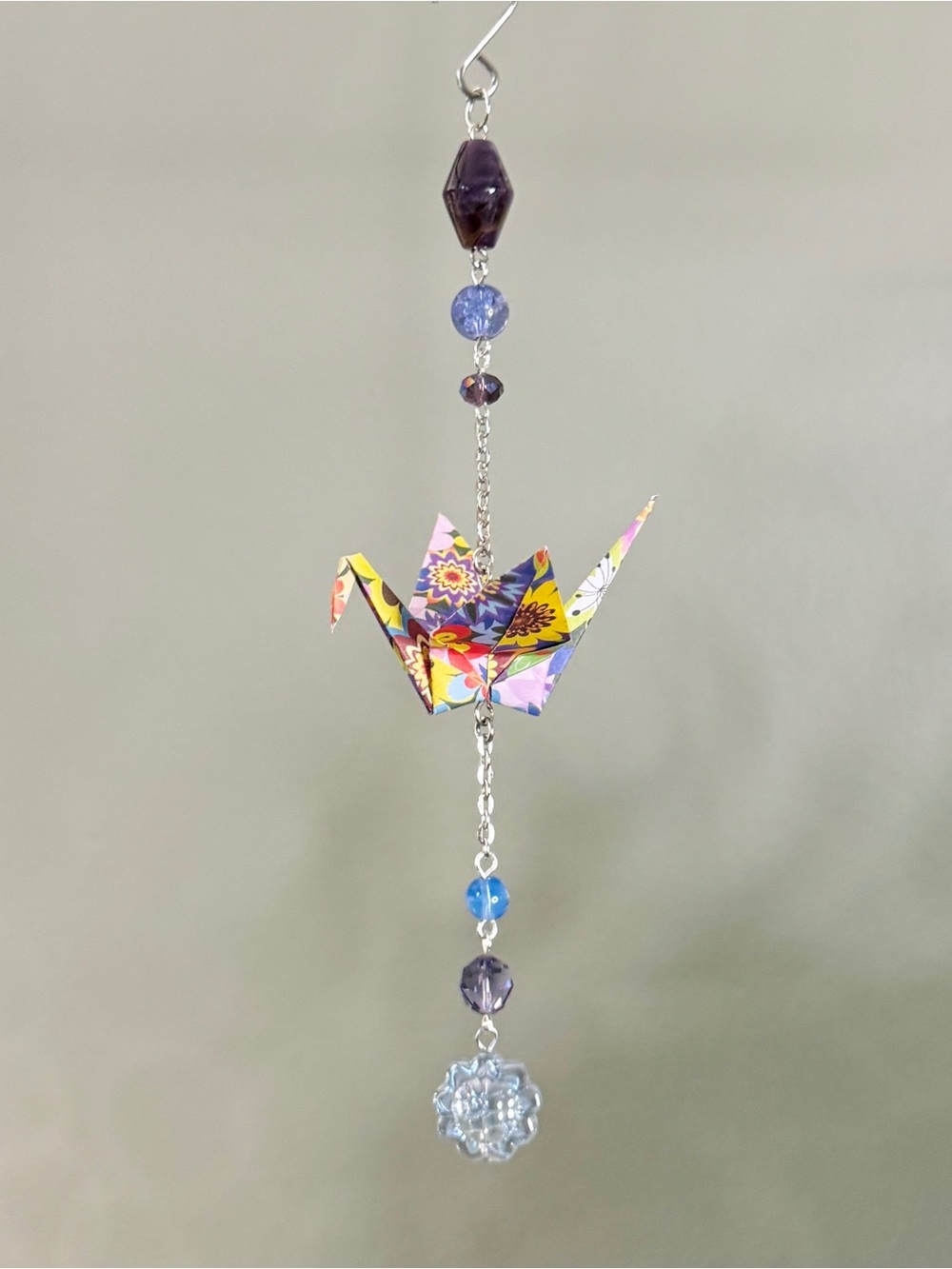 Origami Ornament #2553 - Small Crane with Glass and Amethyst Beads